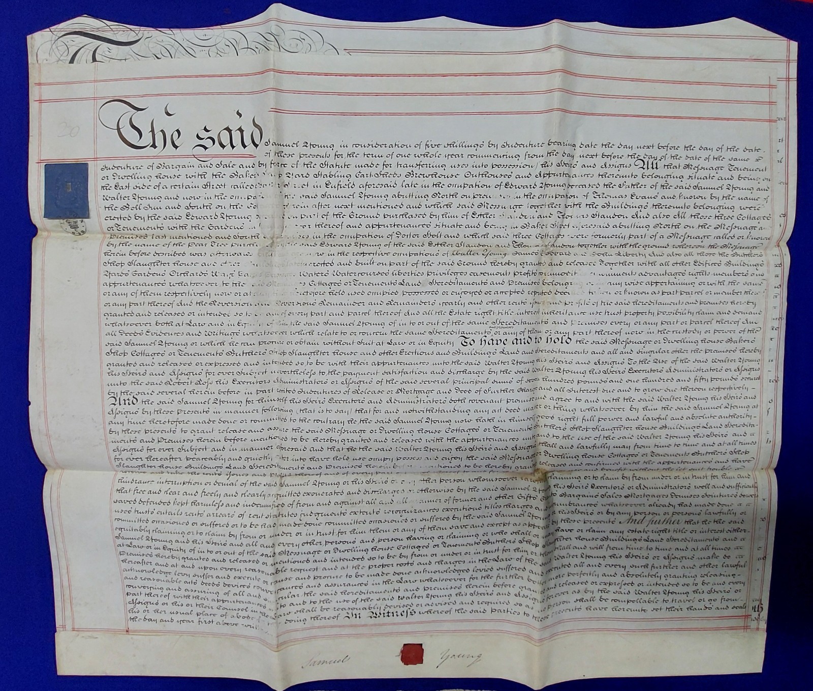 1833 English Handwritten Folded Indenture, written on Vellum Parchment, Wax Seal