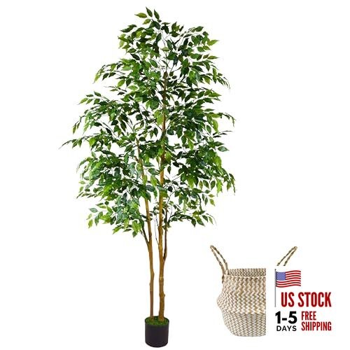 Artificial Tree Silk Fake Leaves Plant with Basket, Indoor Outdoor 7ft Ficus