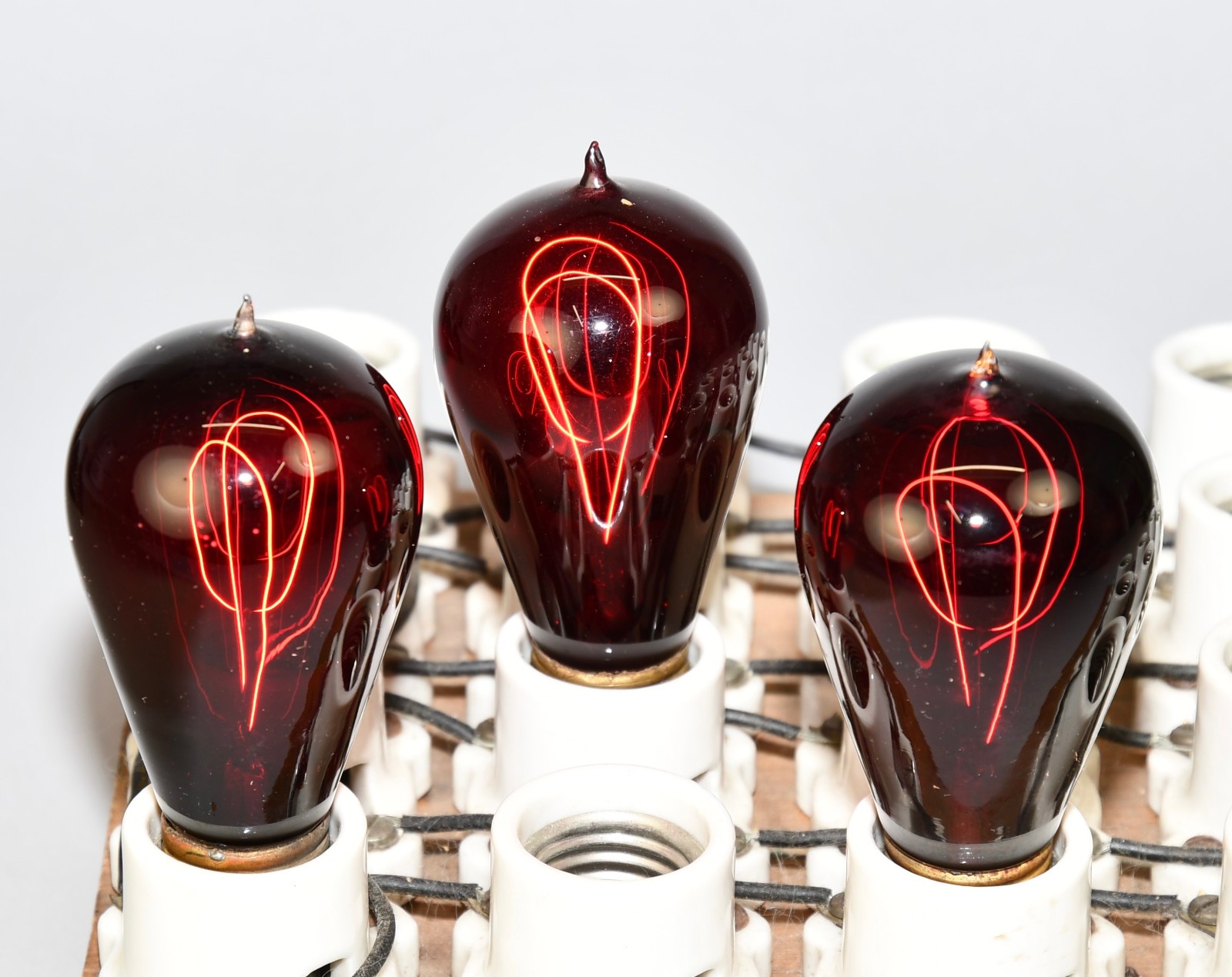 LOT OF 3 ANTIQUE RED GLASS CARBON TIP MEDIUM BASE E26 WORKING LIGHT BULBS!