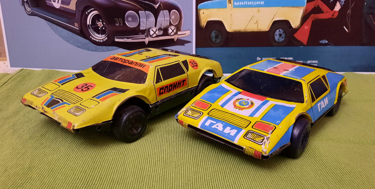 RARE Vintage Pressed Steel Metal Auto 2 Cars Russian Soviet Toy USSR 1980's