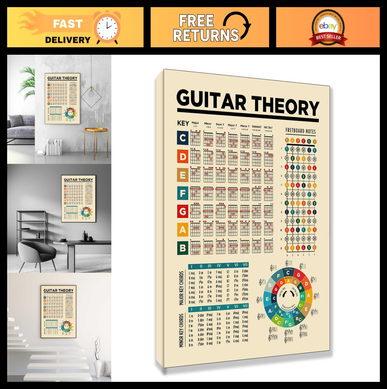 Guitar Chord Chart Poster - Music Theory & Circle of Fifths for Beginners (16x24