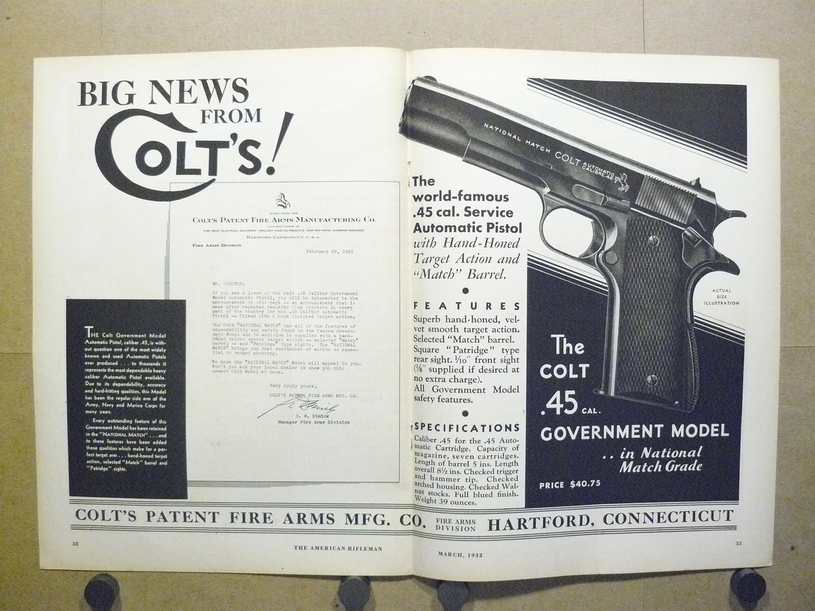 1932 Colt .45 Government Model Vintage Print Ad National Match Pistol 1911