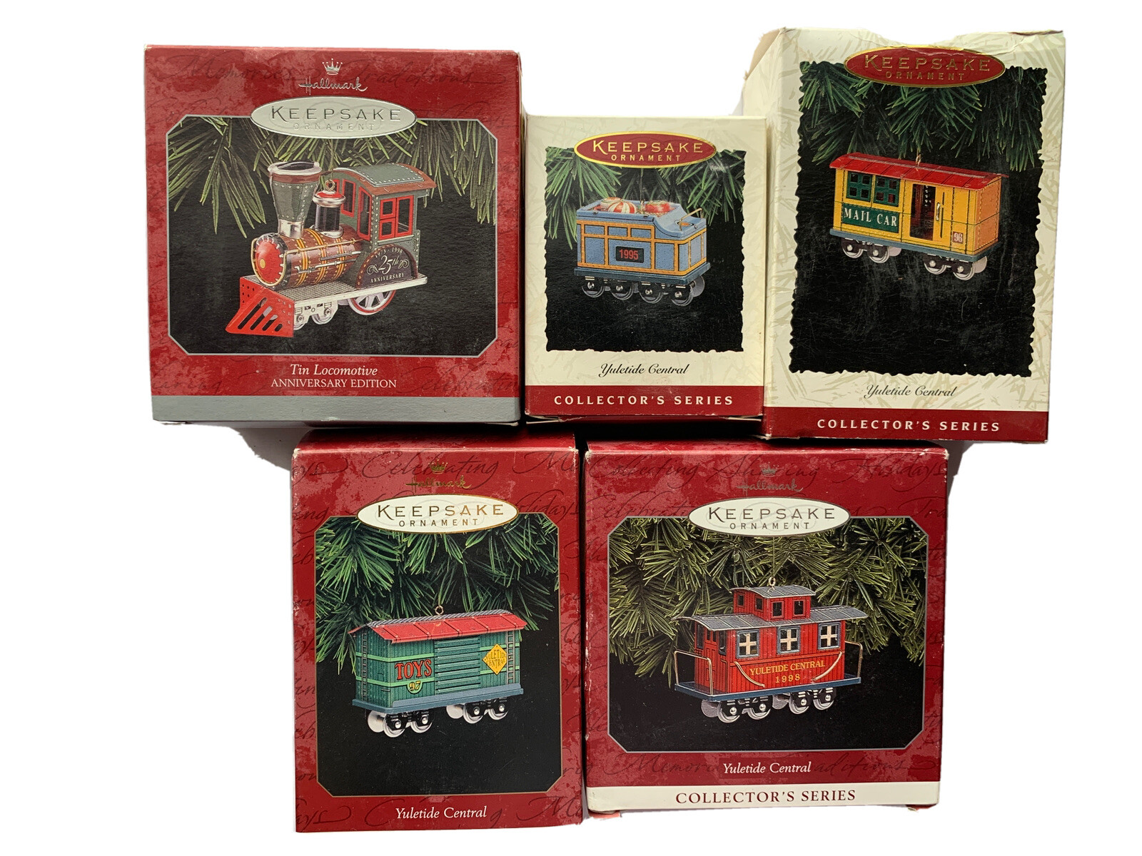 Hallmark Ornament Tin Train Yuletide Central Series Lot of 5 Cars  1990's