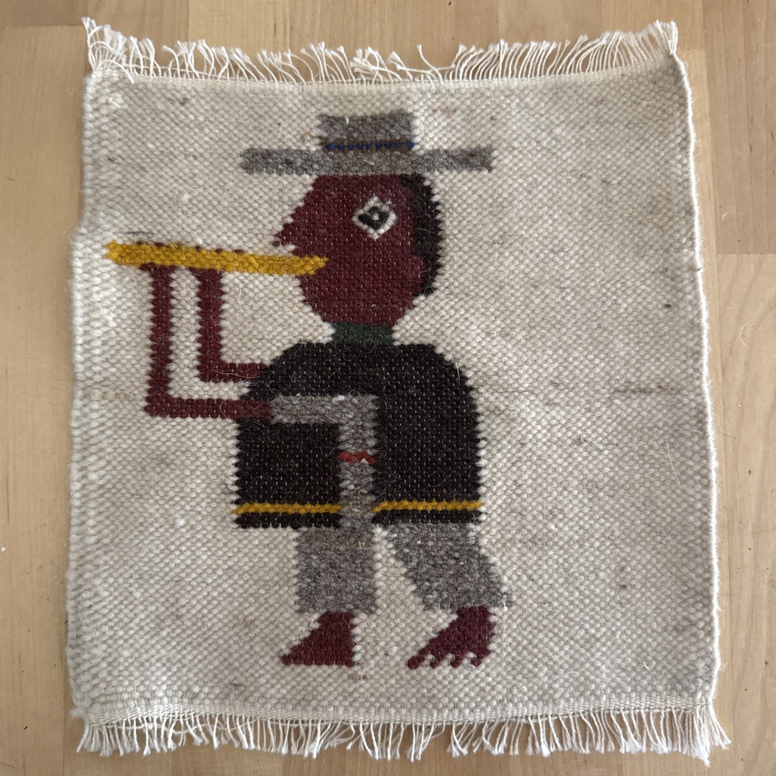 Vintage Small Latin American Loom Weaving Woven Man Flute Poncho 8x9