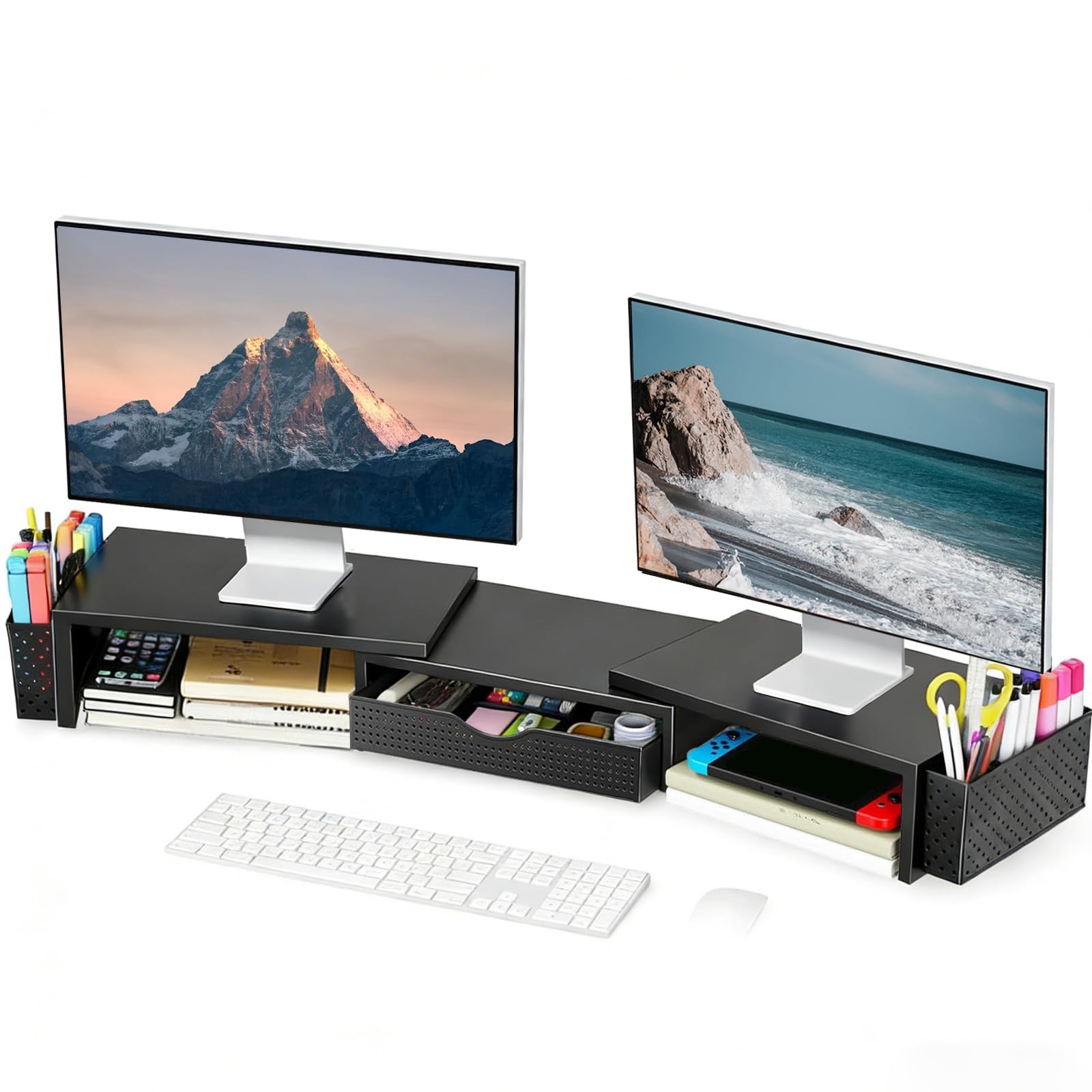 Metal Desk Organizers and Accessories, Dual Monitor Stand Riser with Drawer a...