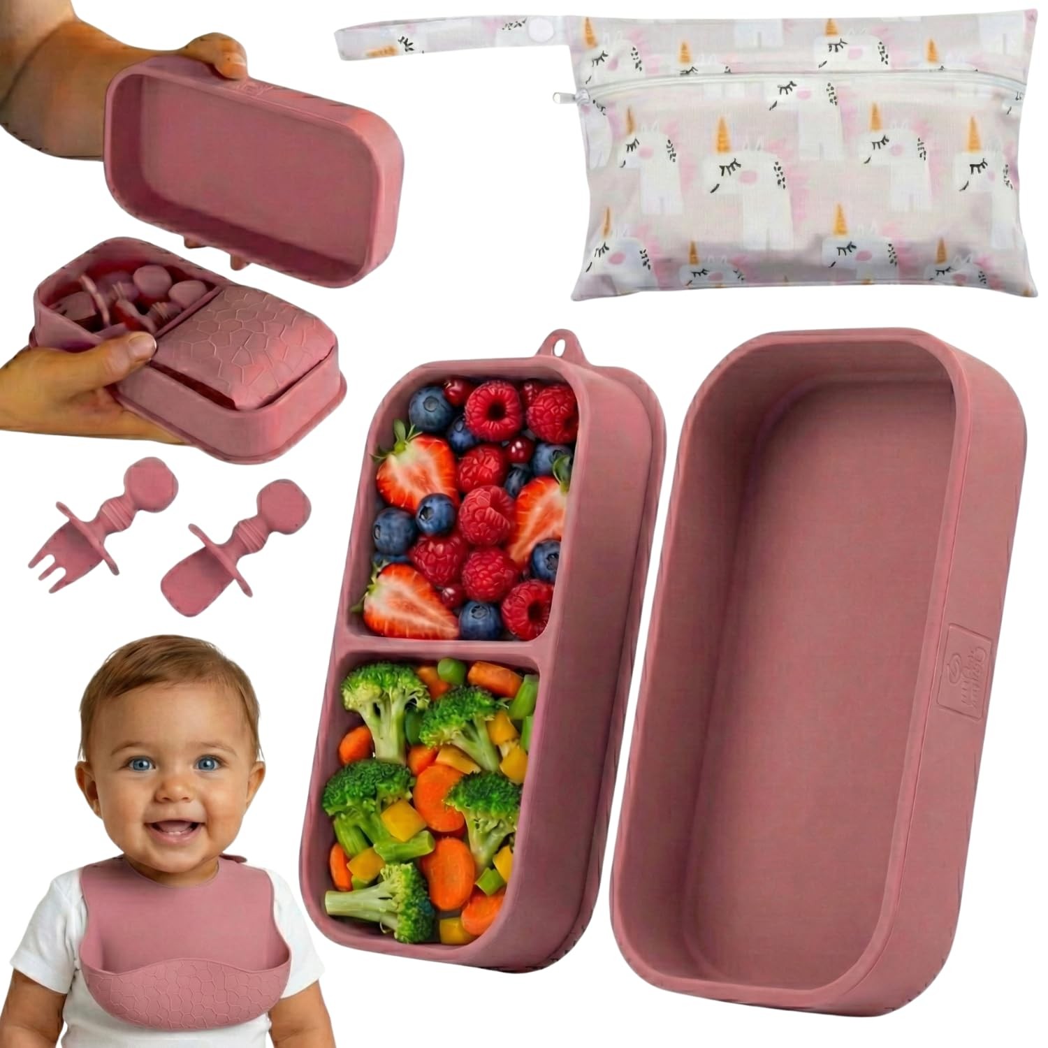 Silicone Baby Feeding Set Toddler Suction Plate Spoon Bib Bag 6 PCS Dark Pink
