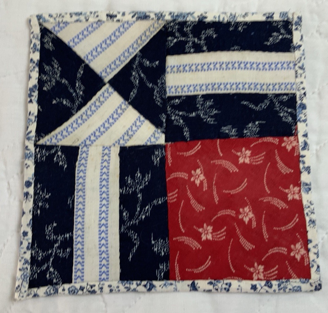 Antique Patchwork Quilt Table Topper, Early Calicos, Four Patch, Triangles, Blue