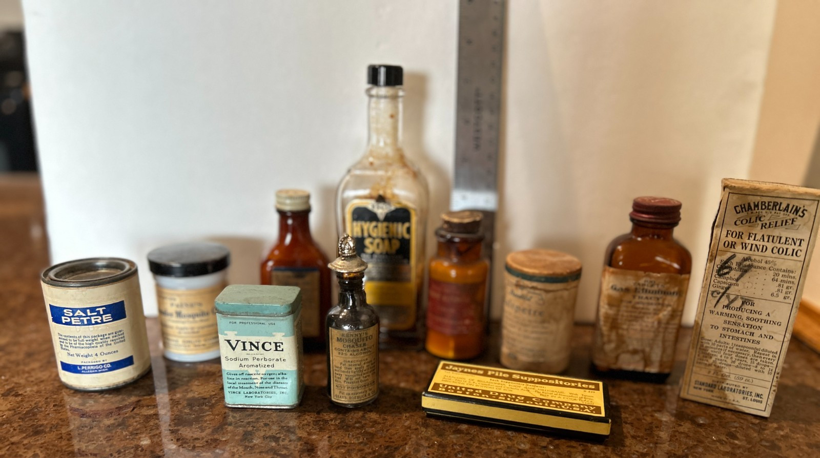 10 Antique Medicines, many with part Contents, Excellent Variety, See Close-Ups