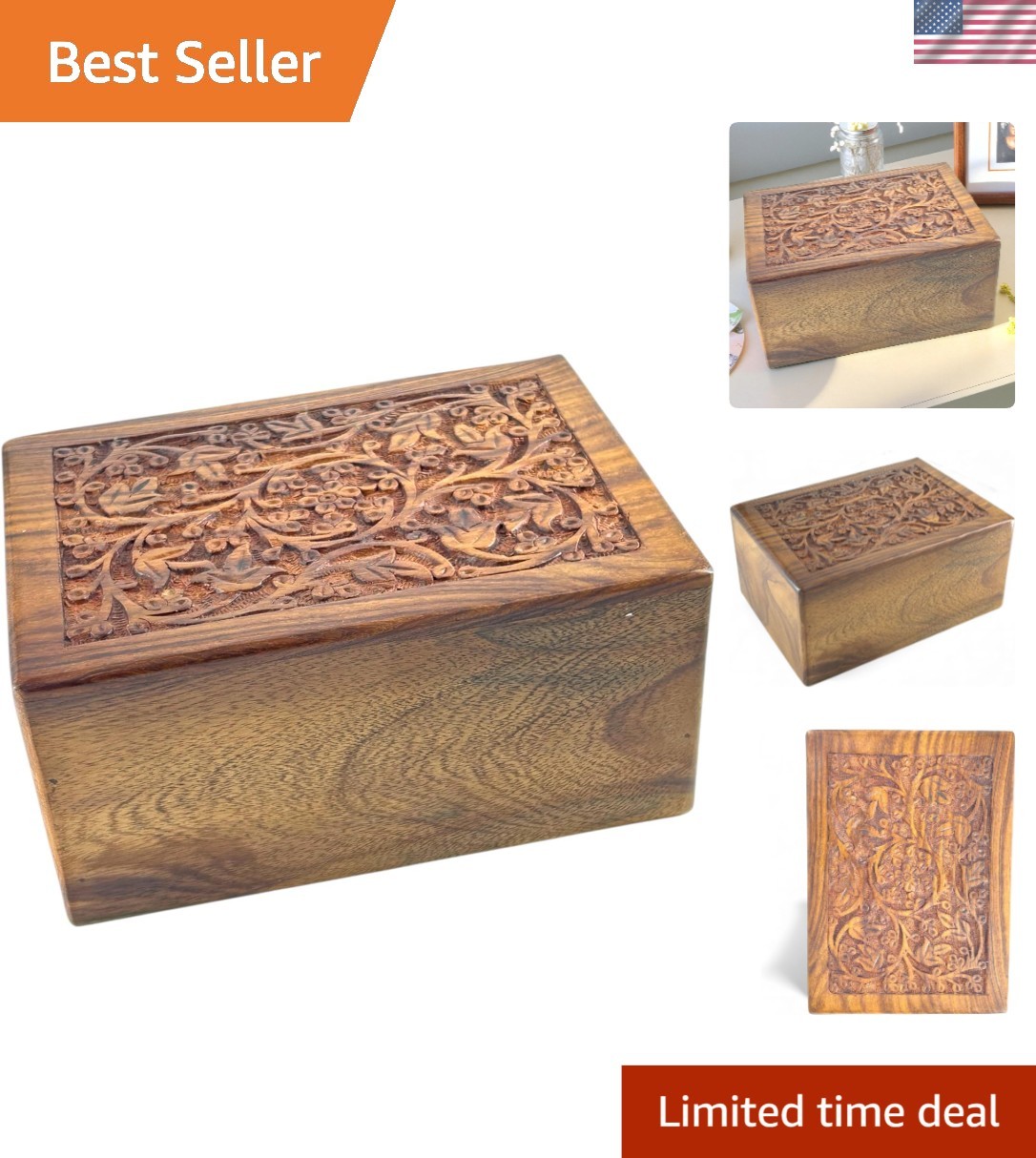 Polished Floral Wooden Cremation Urn – Small Keepsake for Human & Pet Ashes