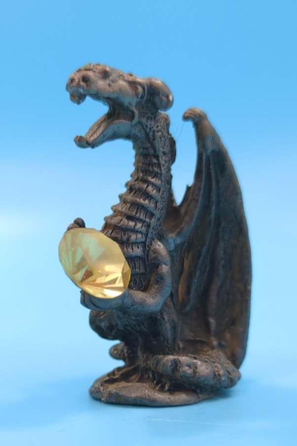 Miniature Pewter Dragon Figurine with Yellow Gemstone Claw Fantasy Decor Vintage