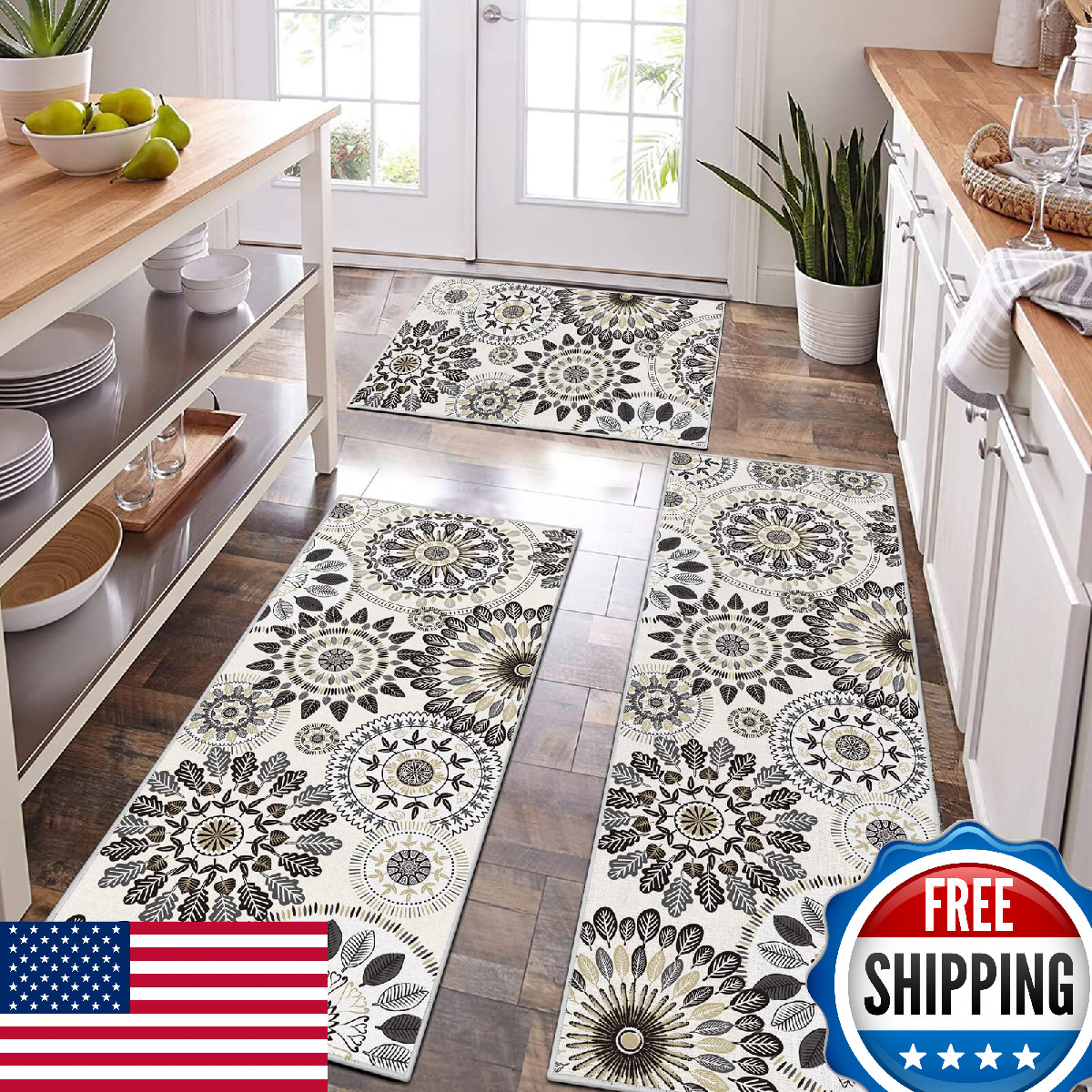 Bsmathom Boho Farmhouse Kitchen Rug Set 3 Piece Non-Slip Washable Mat
