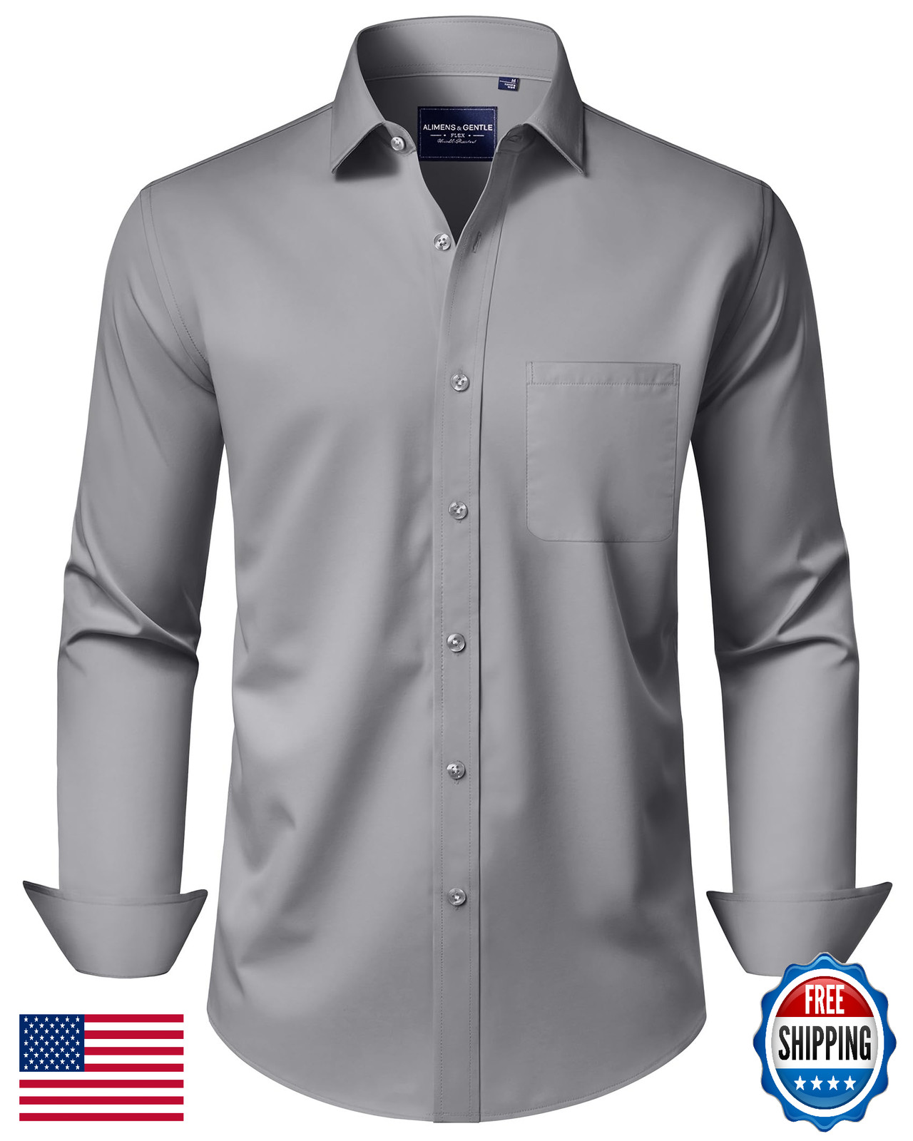Alimens & Gentle Men's Grey Wrinkle-Free Stretch Long Sleeve Dress Shirt with Po
