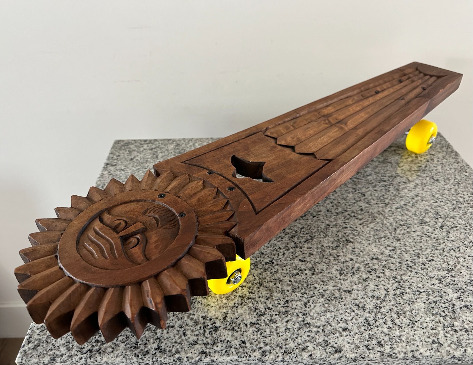 Mexican Sun Carved Wood Skateboard Art Sculpture