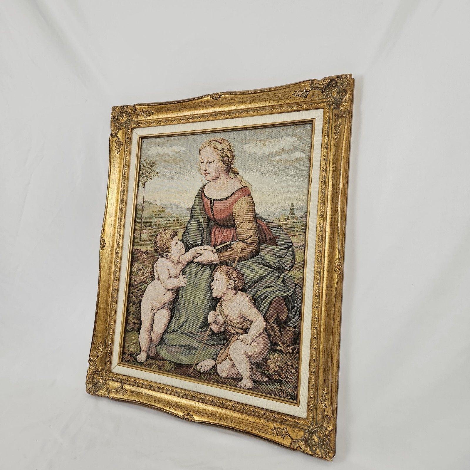 Framed Religious Tapestry Raphael Madonna & Child St John Vintage From Italy 