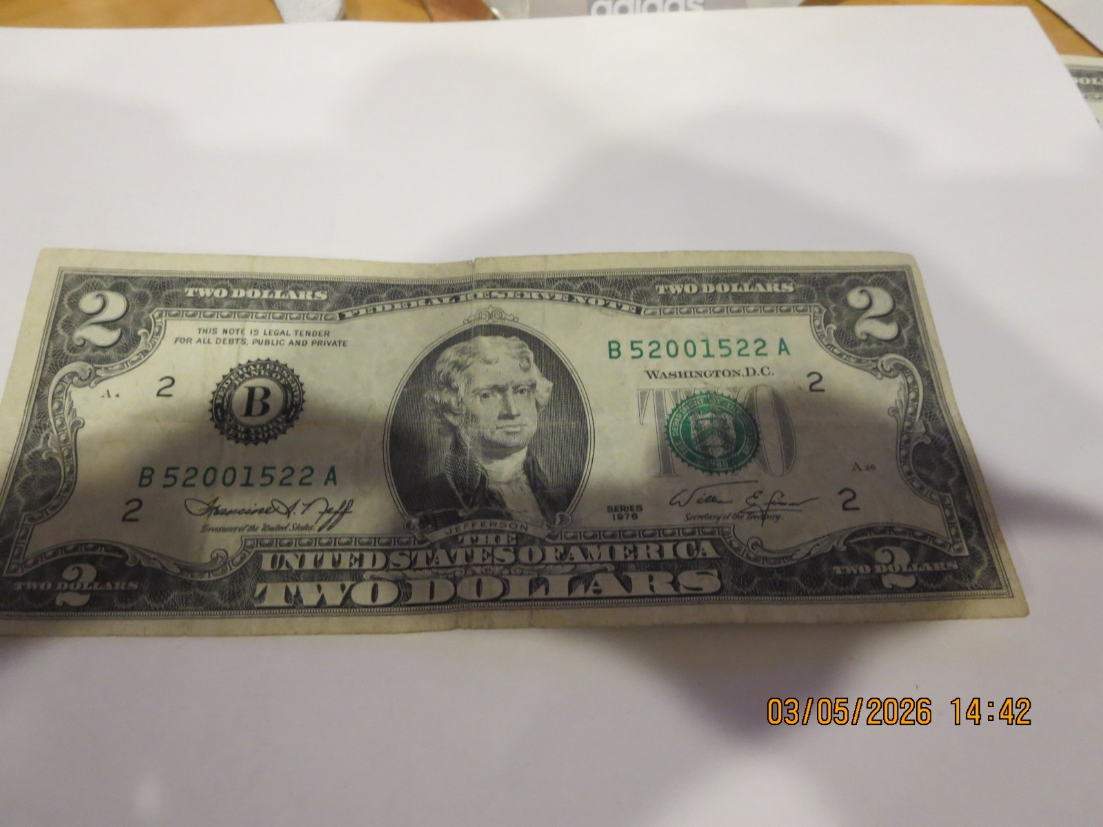 2 DOLLARS USA BILL B52001522A SERIAS 1976