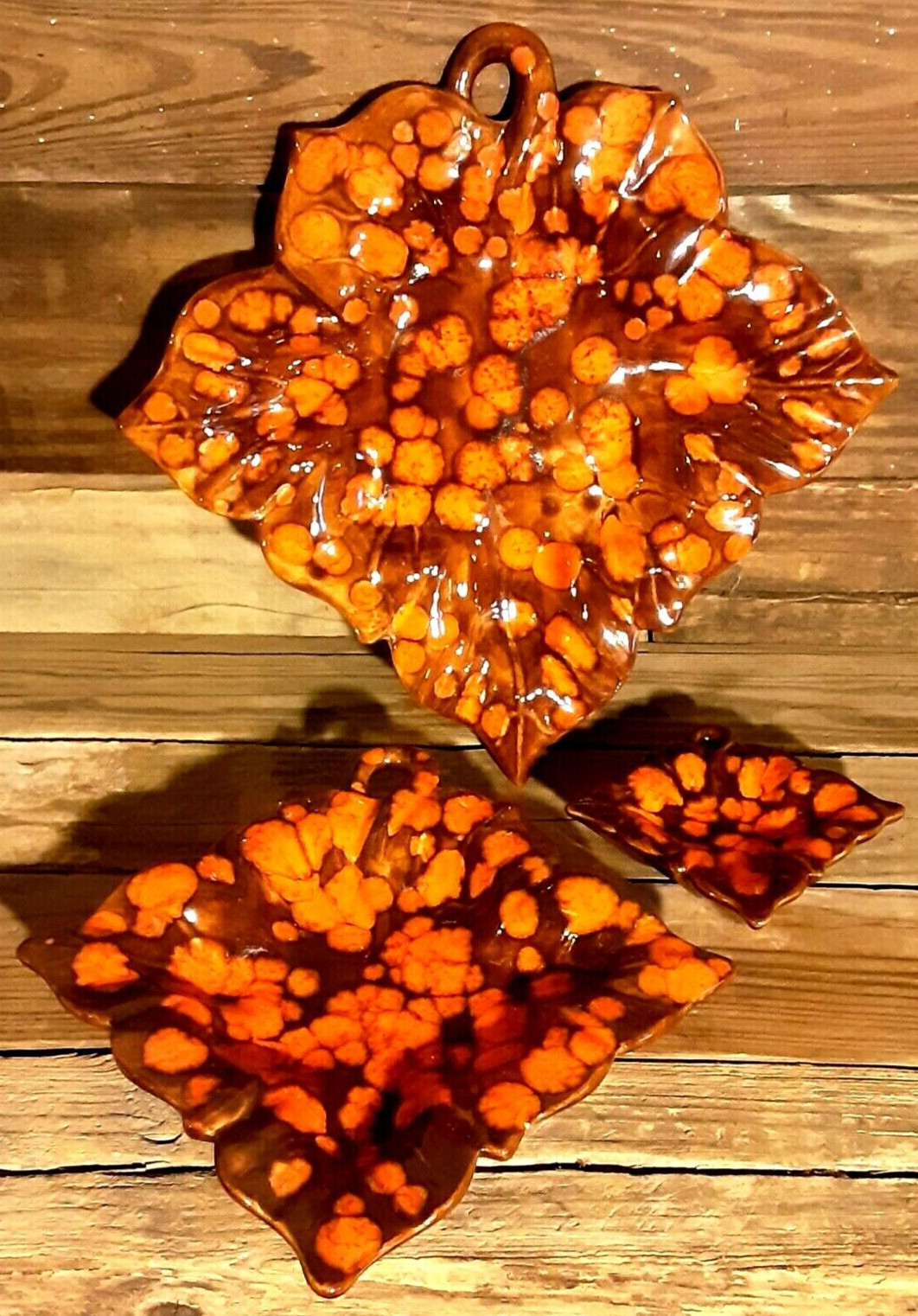 VT Mid Century Modern California Pottery Leaf Ashtray Set Orange & Brown Glaze