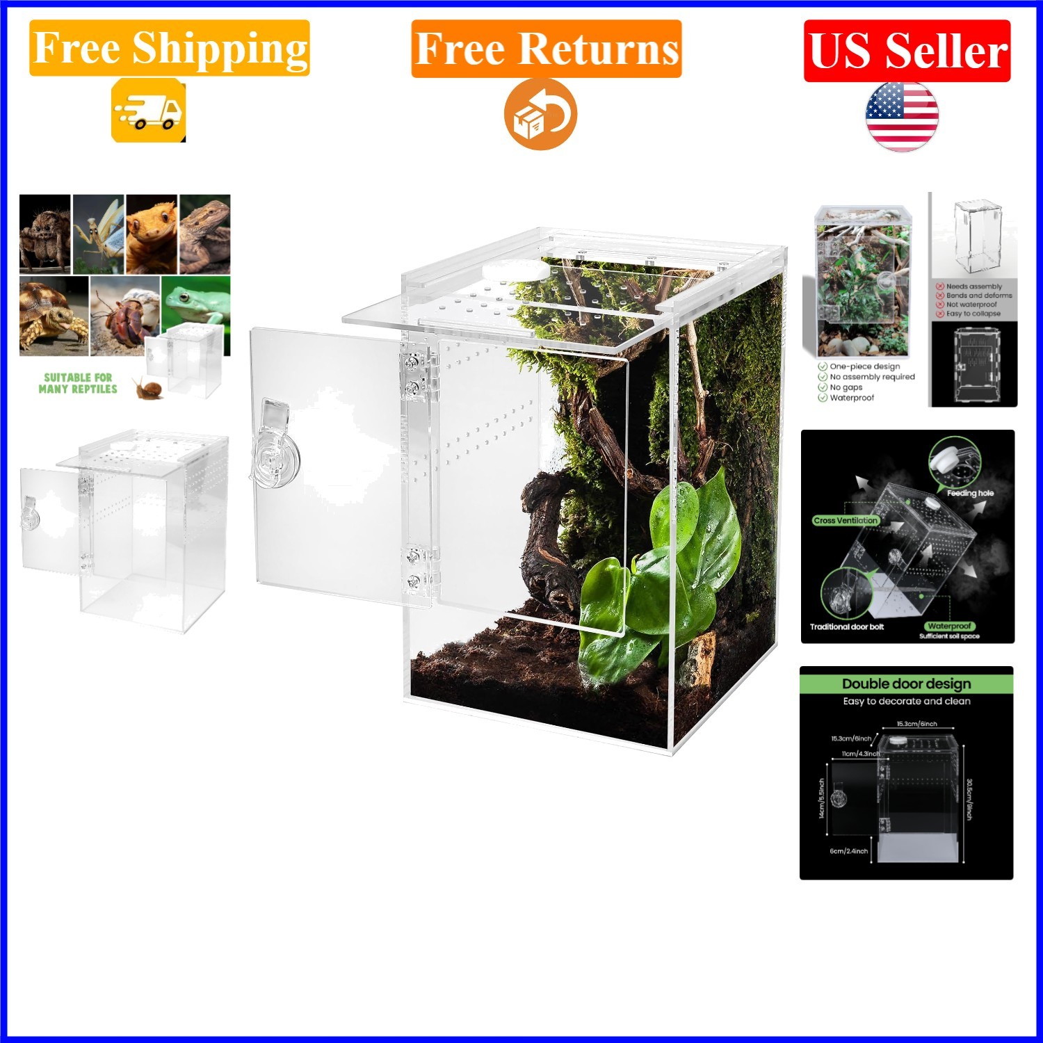 Tall Acrylic Arboreal Reptile & Insect Enclosure, 6x6x12in, Clear