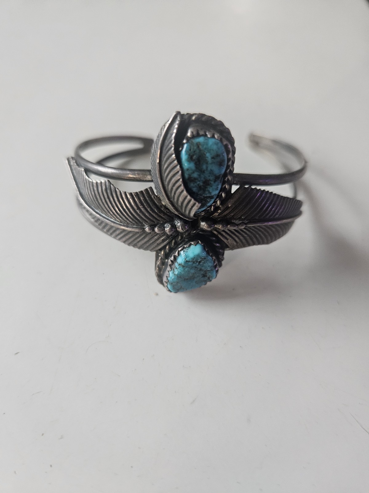 Jack Tom Navajo JT Sterling Silver Blue Turquoise Leaf Bracelet Cuff Vtg 1970s