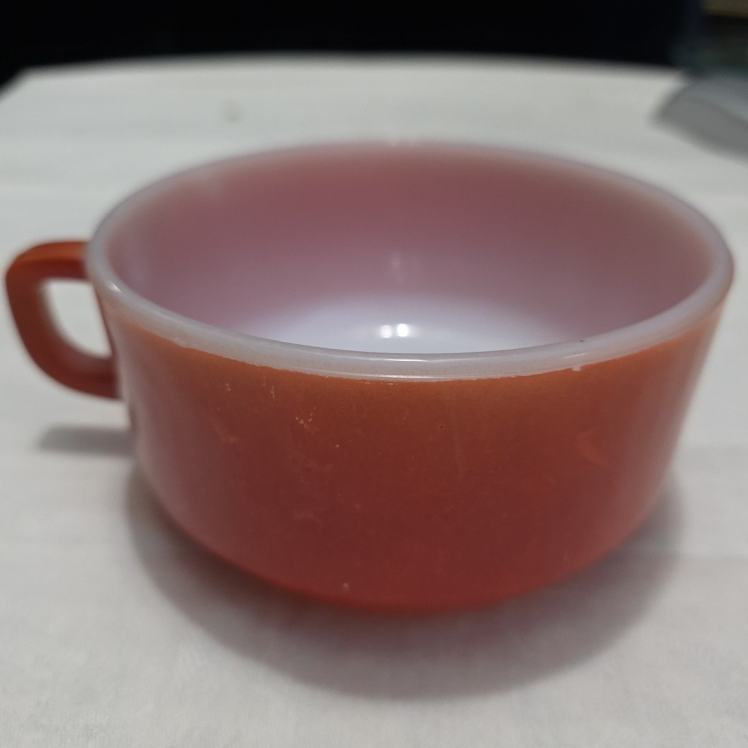 Anchor Hocking Orange Bowl D Handle  Milk Glass Vintage 303 Oven Proof