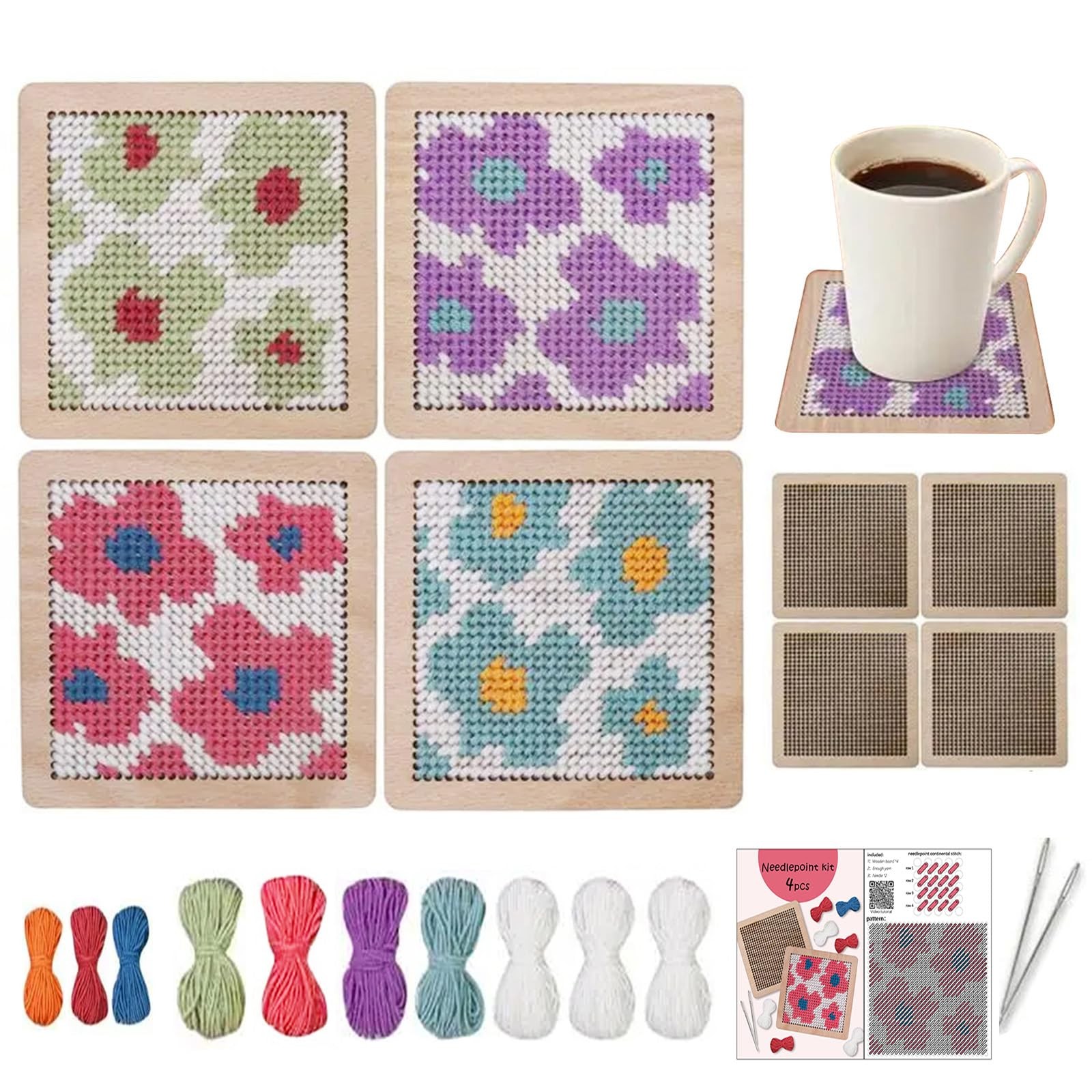 4Pcs Flower Coaster Needlepoint Kit for Adult Cross Stitch Kits DIY Adults Ne...