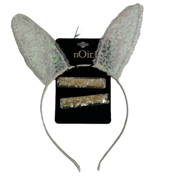 Noir Rabbit Ear Headband White Silver Sequins Two Hair Clips Bunny New Tags NWT