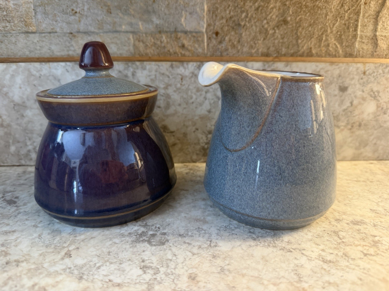 RARE Denby "STORM" Plum Purple & Grey Blue Sugar Bowl w/ Lid & Creamer