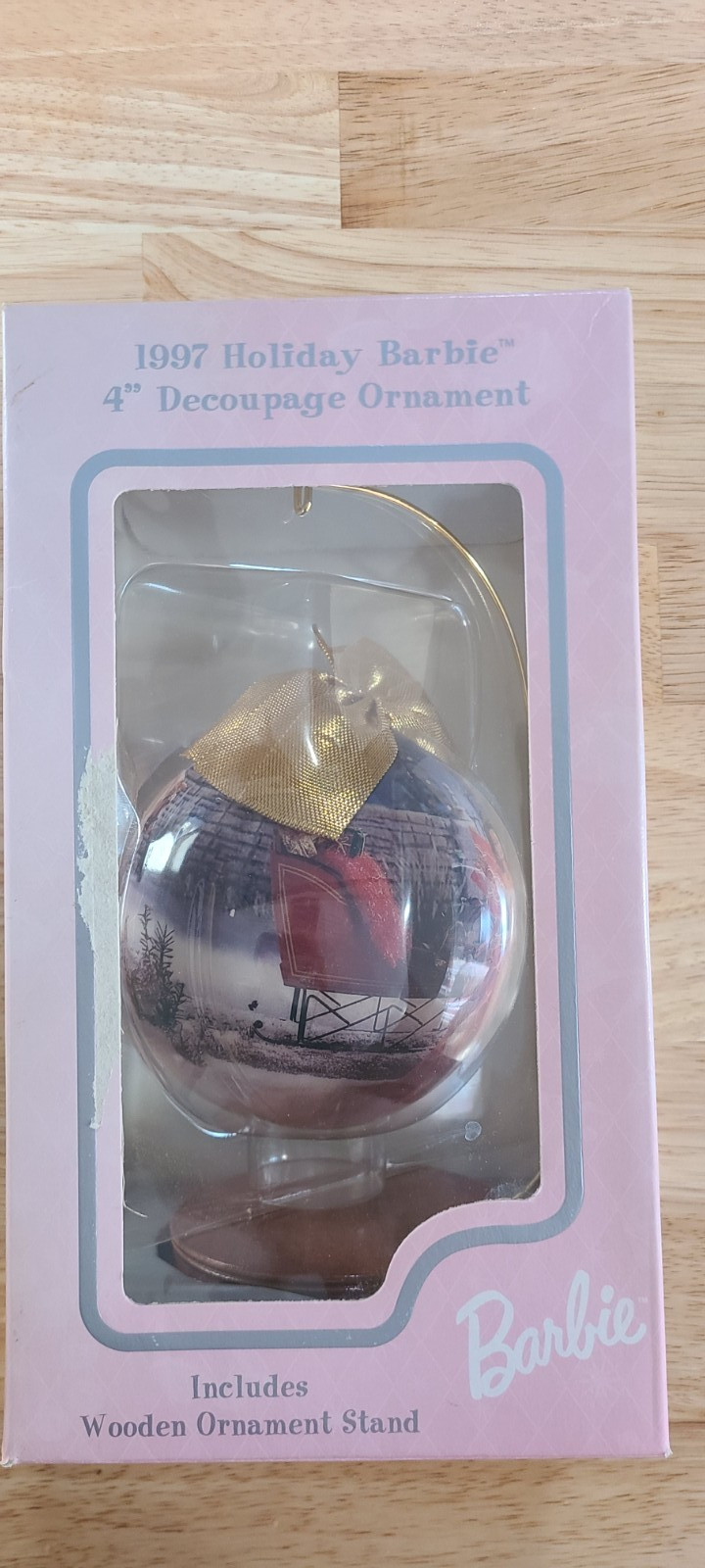 Vintage 1997 Holiday Barbie 4" Decoupage Ornament with Wooden Stand and Box