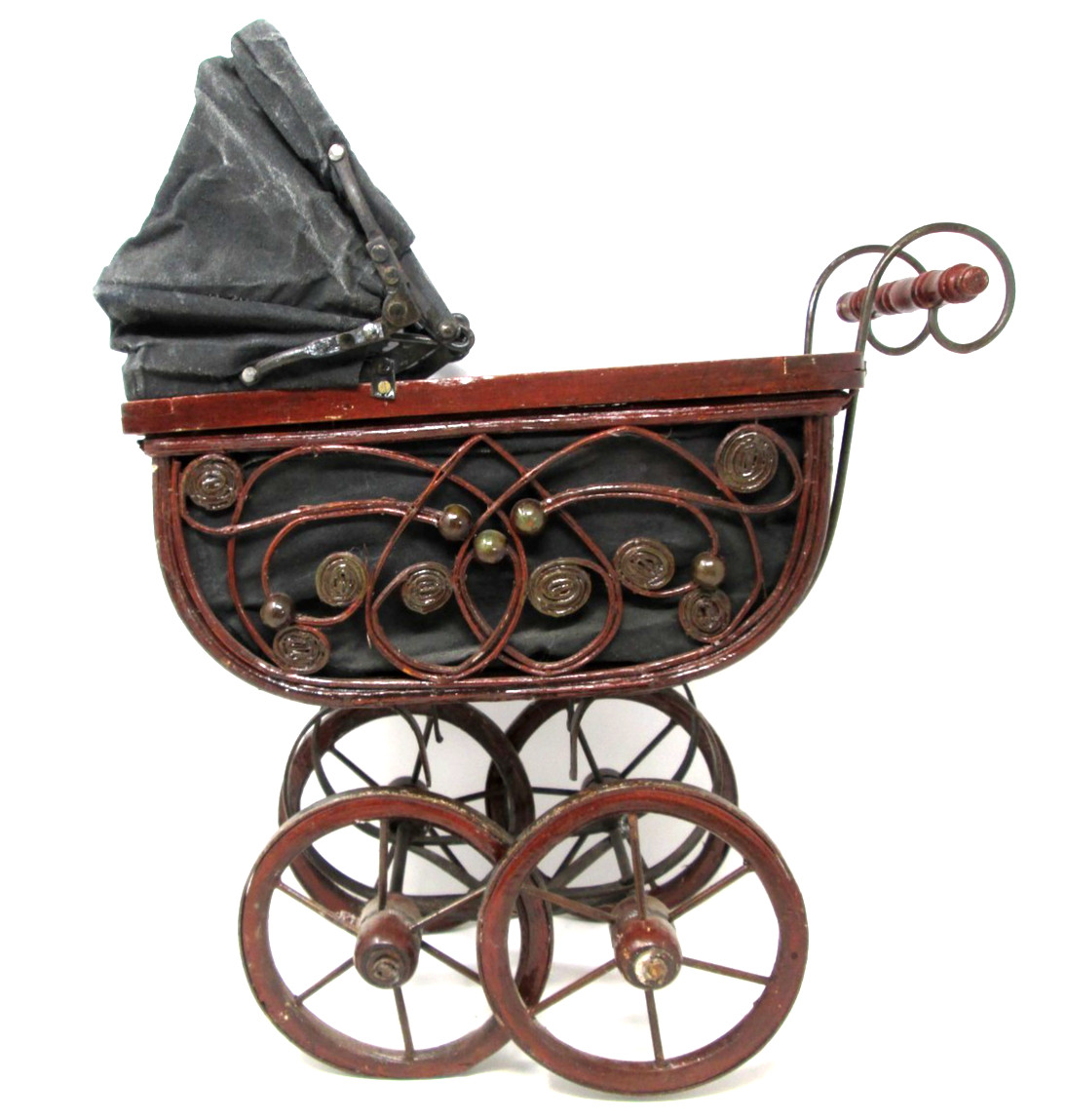 Vtg Victorian Baby Doll Buggy Stroller Pram Carriage Wood Wicker Metal 15inx15in