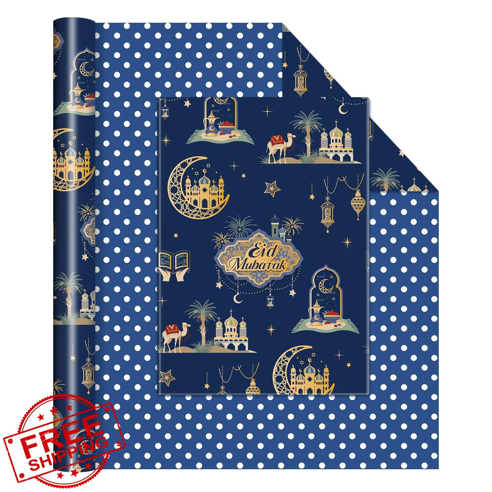 WERNNSAl Eid Mubarak Wrapping Paper Roll 17"x33ft Blue