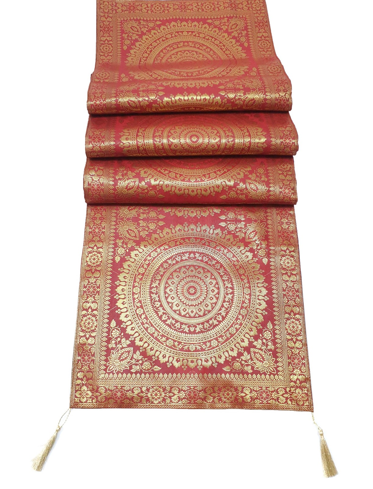 Red Banarasi Table Runner 72x16" Silk Brocade Mandala Dining Decor Cloth Gift