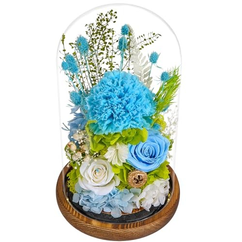 Preserved Carnation and Rose in Glass Dome, Eternal Flowers Gift Floral Blue