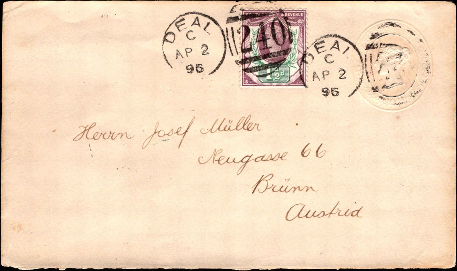 1896 India Postal Stationery + Stamp Cover Deali to Brünn Austria