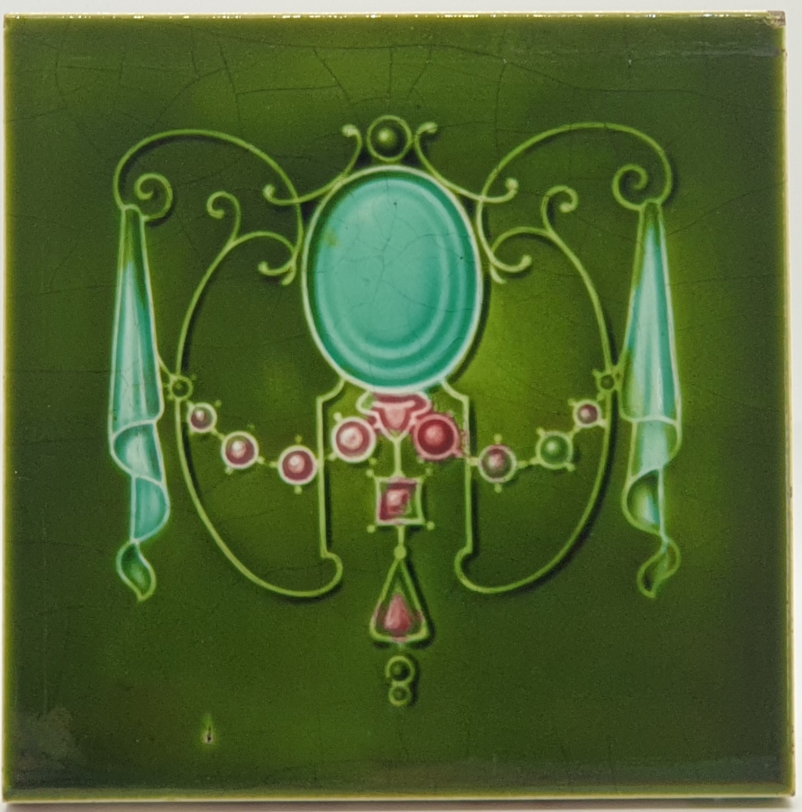 Art Nouveau Fireplace Tile Green Majolica Jewels Design by T & R Boote C1895 AE8