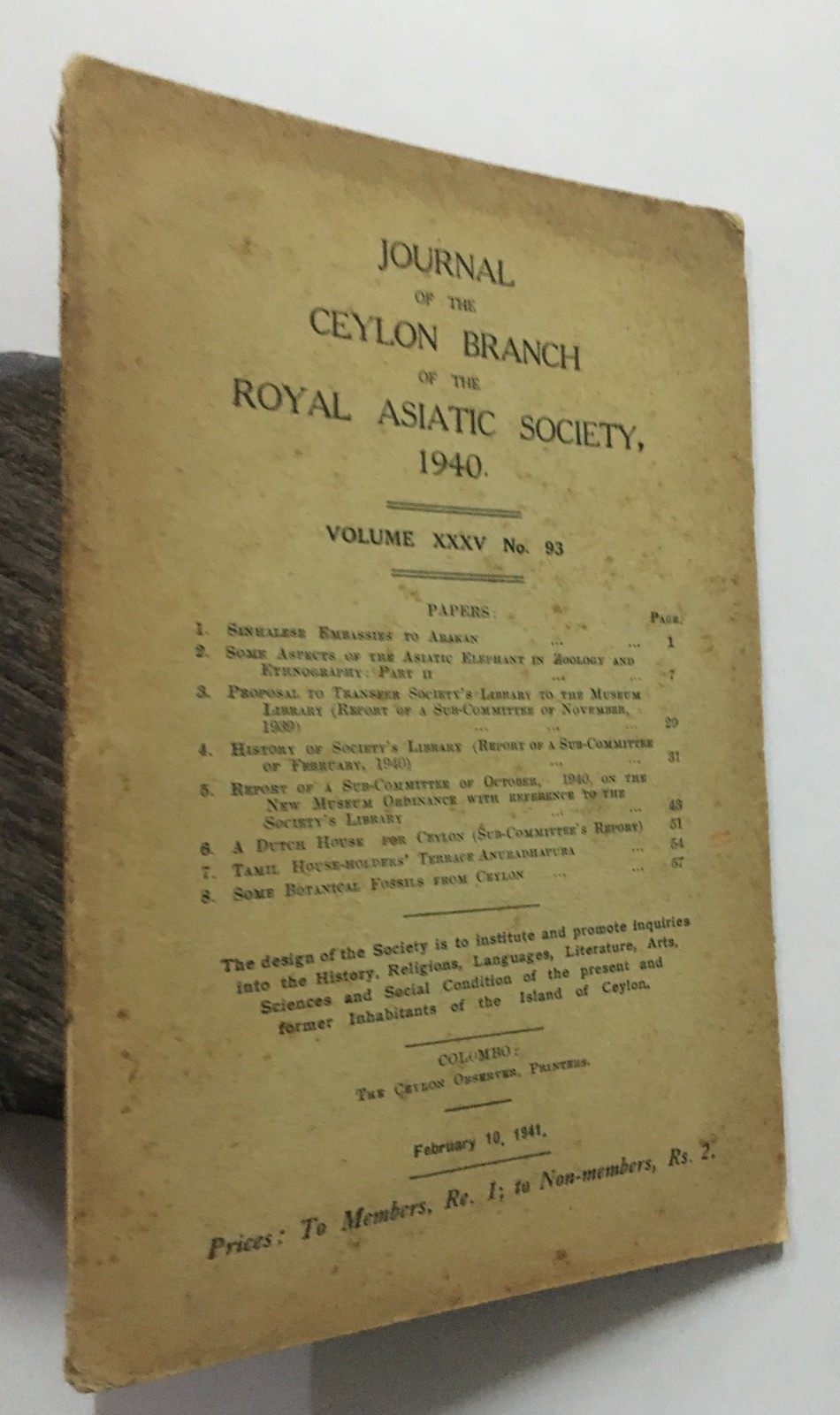 Journal Ceylon Branch Of The Royal Asiatic Society. Volume 35 Nos 93, 1940