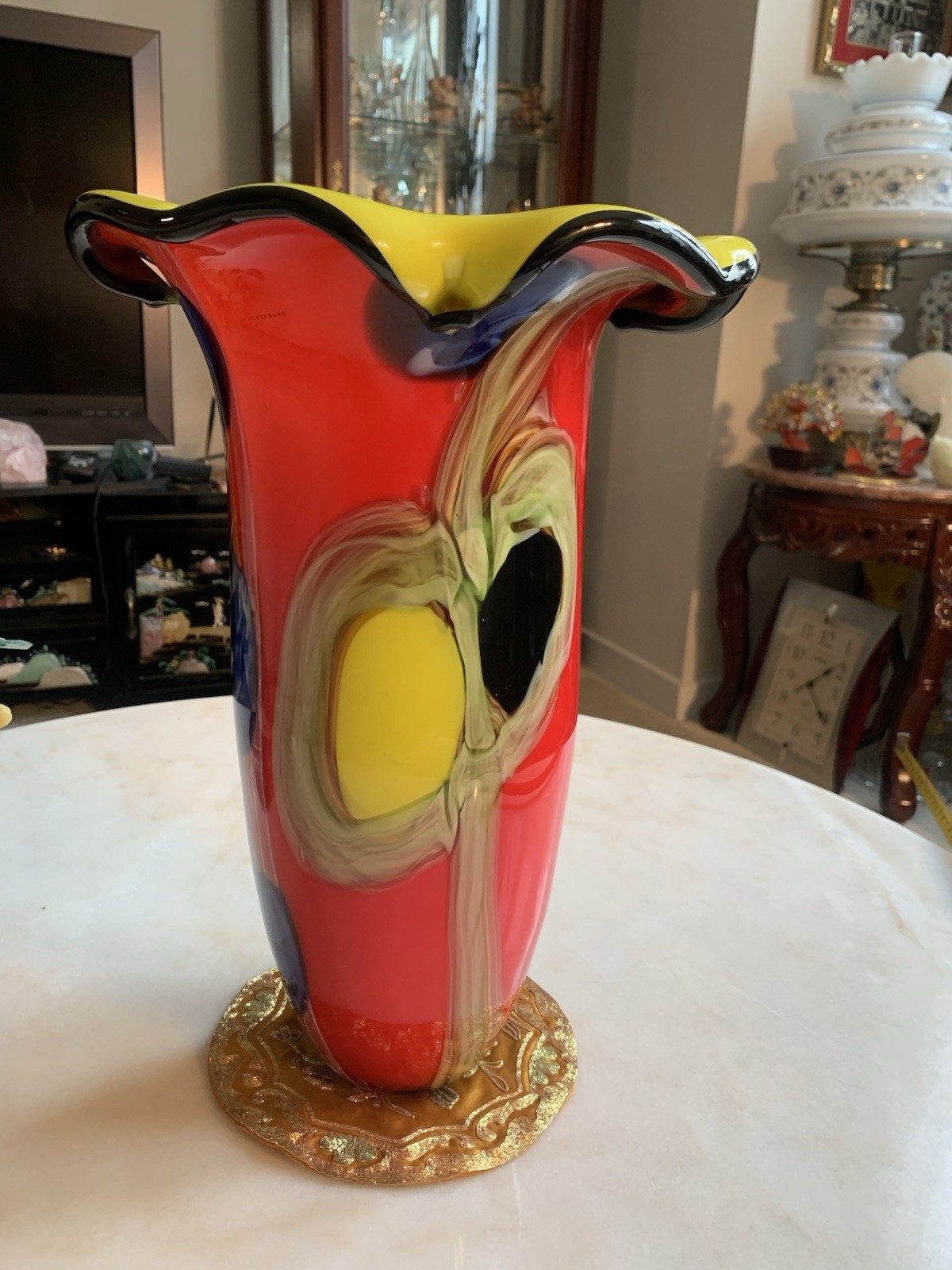 Murano Like Hand Blown FloralArt Glass Vase 15” X 9 1/2”