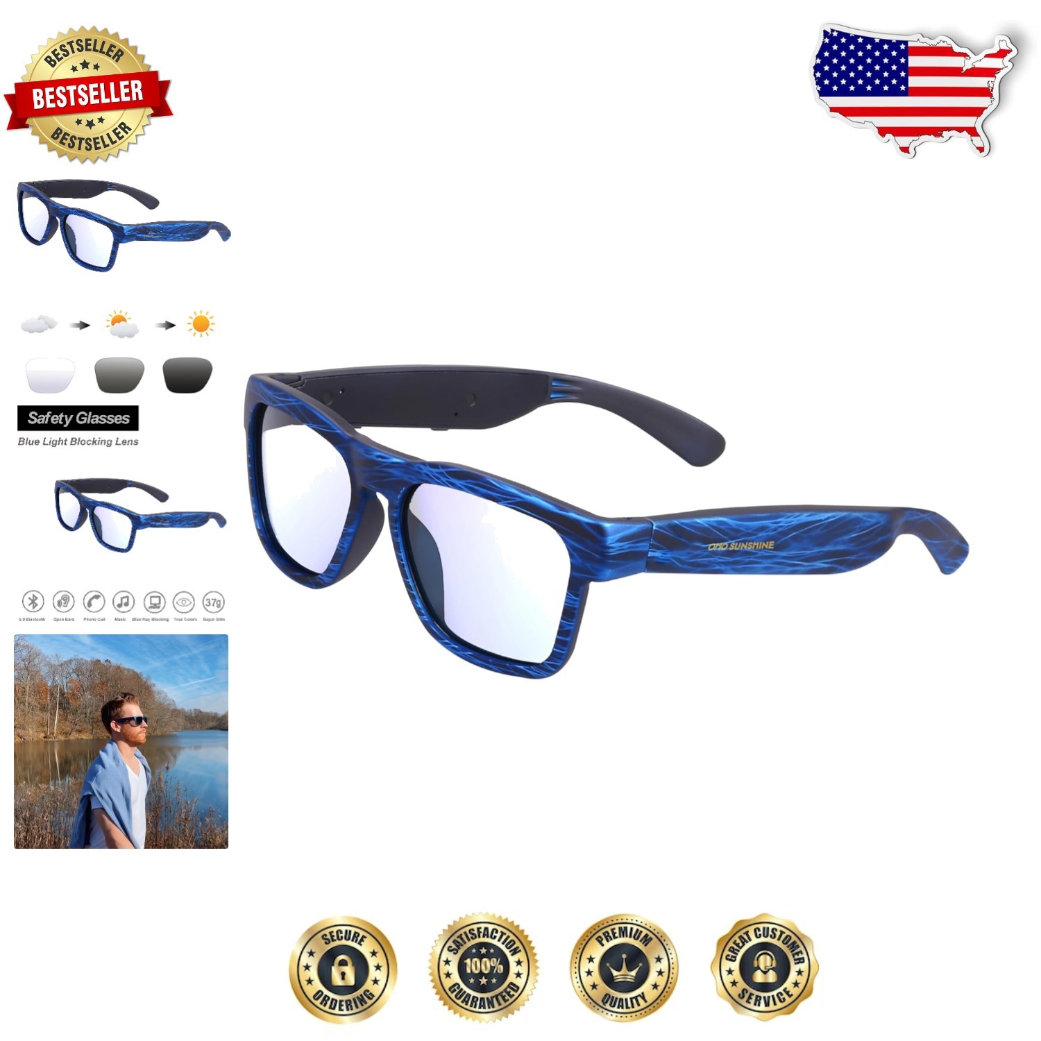 OhO Smart Glasses Bluetooth Audio Sunglasses Unisex Blue Light Transitional Lens
