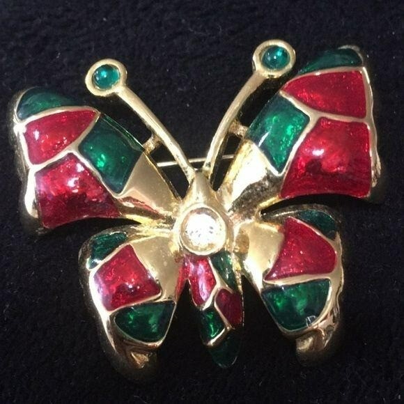 Butterfly Gold Plated Red Green Butterfly Brooch Pin