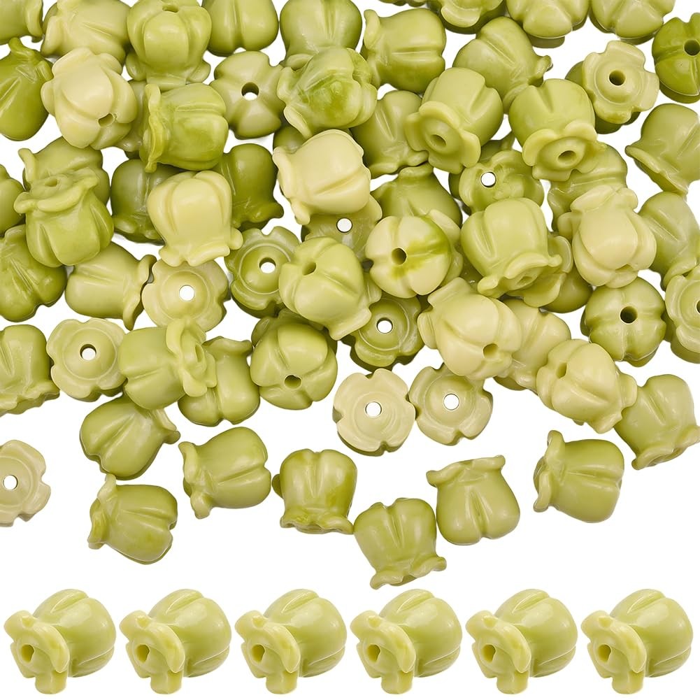 SOFPLATE 1 Box 100Pcs Carved Beads 3D Flower 8.5mm x 8mm, Yellow Green 