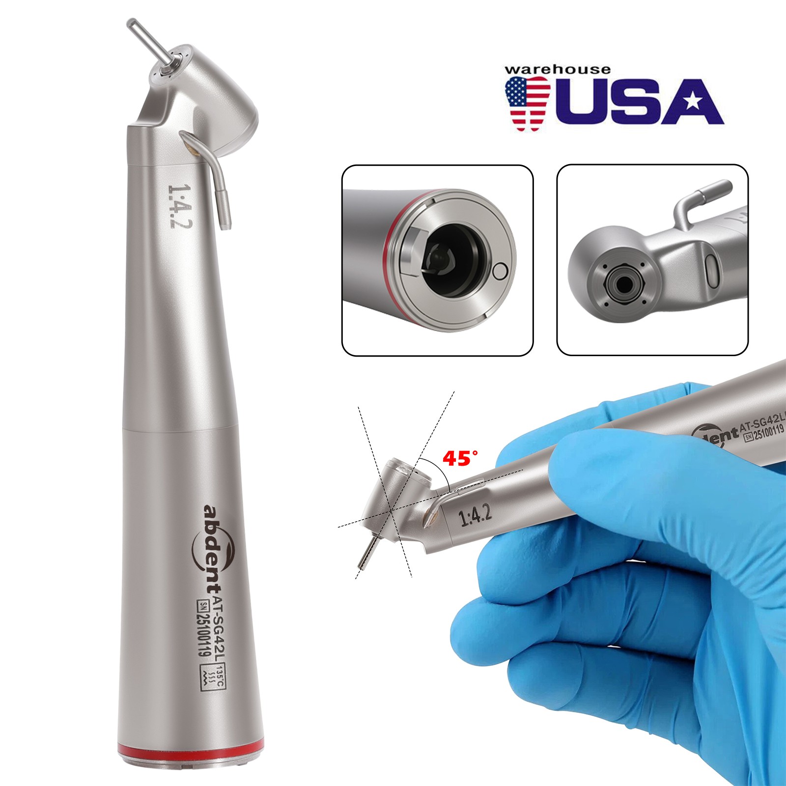 Dental 1:4.2 Surgical Fiber Optic Contra Angle 45°, External Spray, USA STOCK