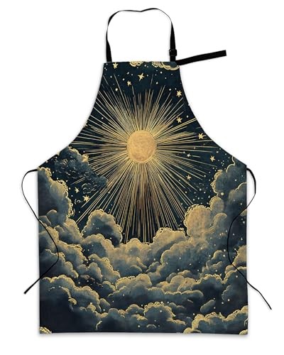 Apron with Pockets for Women, Adjustable Kitchen Cooking Sun Stars Moon Golden