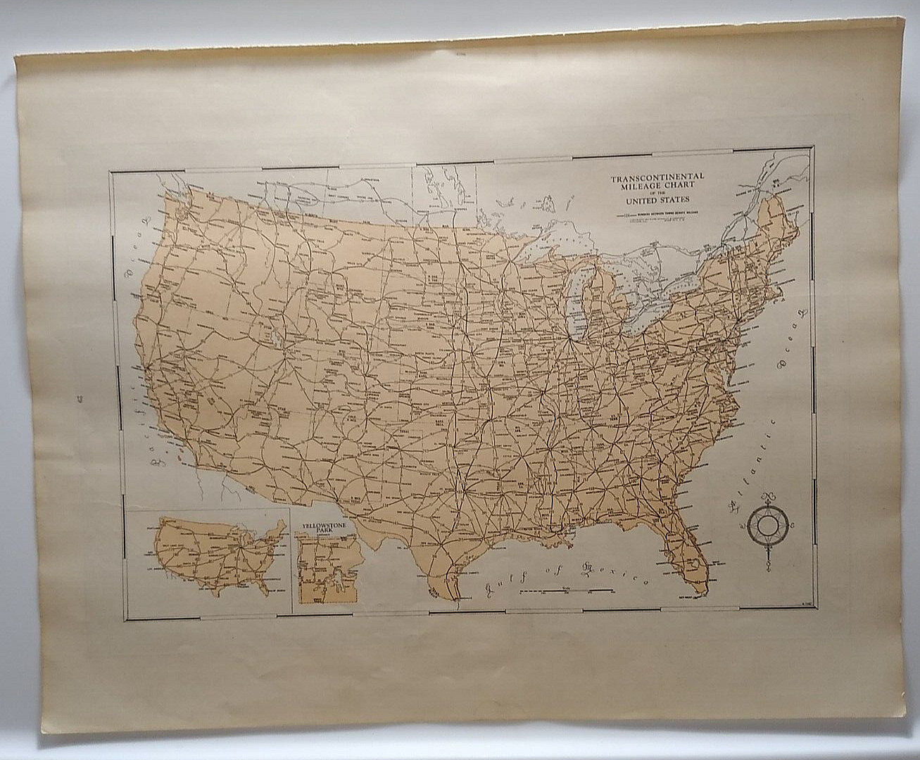 1937 Antique US TRANSCONTINENTAL MILAGE Old Atlas Map - Rand McNally World Atlas