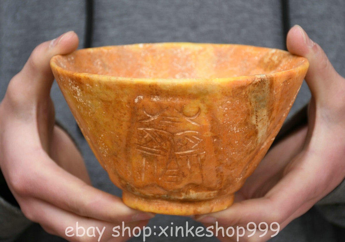 5.6" Chinese Hongshan culture Old Jade Carving People face Bowl Statue
