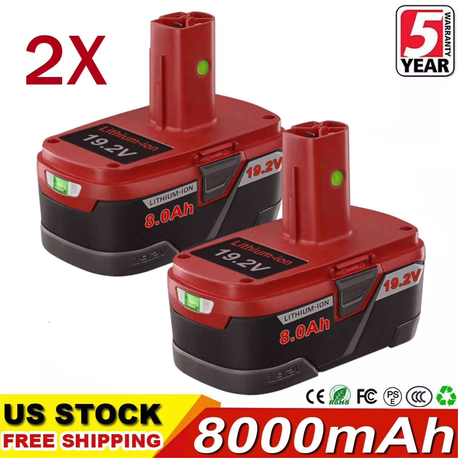 2X 8.0Ah Lithium Battery For Craftsman 19.2V Diehard C3 130279005 11375 11376 US