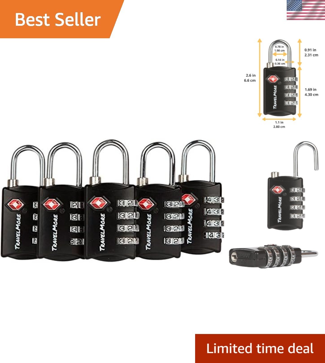 5 Pack TSA Luggage Locks with 4 Digit Combination – Heavy Duty Set Your Own P...