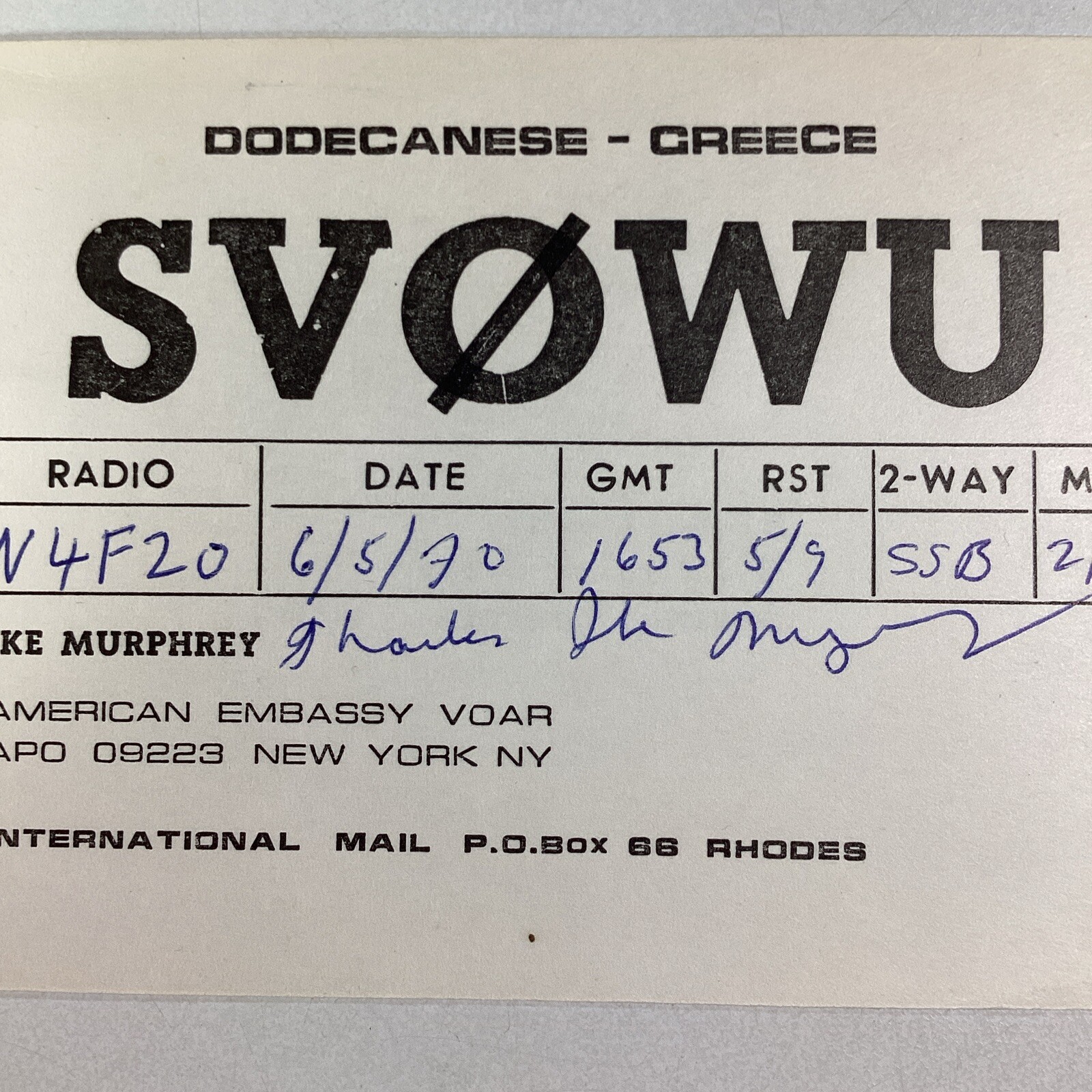 Greece QSL Radio Card 1970 Dodecanese Ike Murphrey New York City