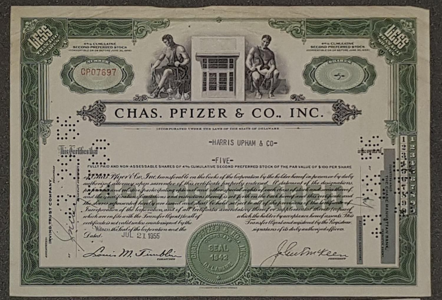 Chas. Pfizer & Co., Inc. 1955 5 Shares Preferred