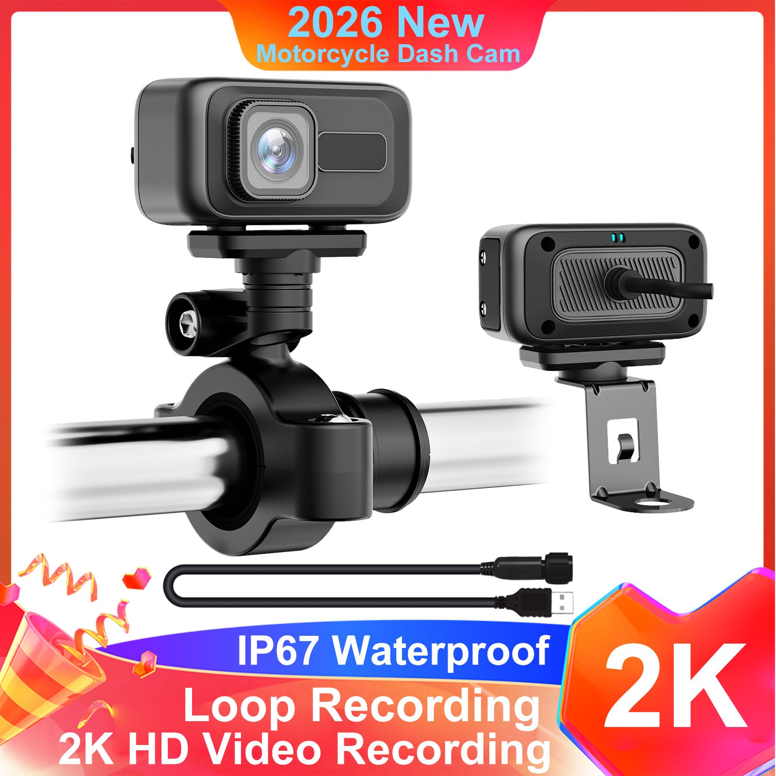 Bike Dash Cam 2K HD Motorcycle Recorder 140° Wide Angle WiFi APP 64GB SD Card