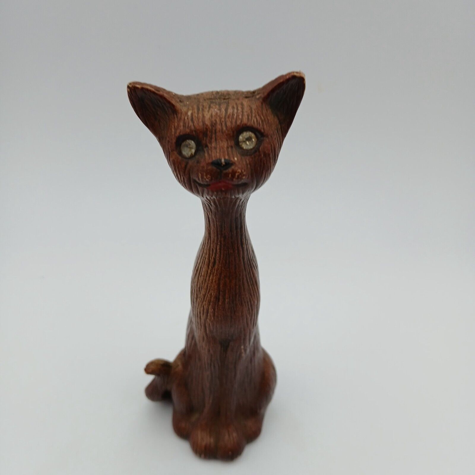 Vintage Cat Figurine Hong Kong MCM Tall Skinny Faux Wood Resin Rhinestone Eyes
