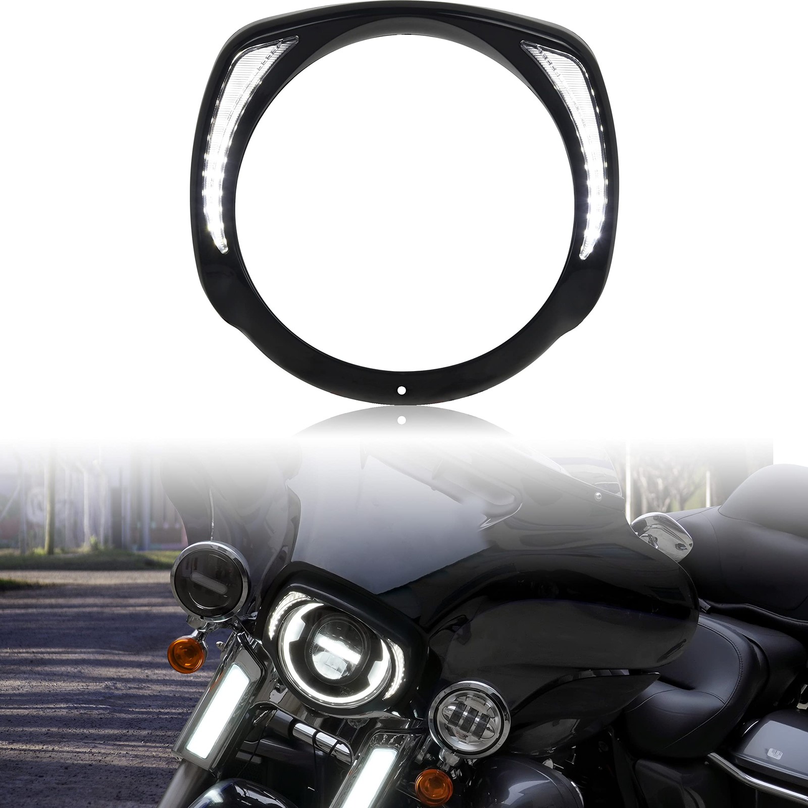 Headlights Bezel Ring w/LED DRL for Harley Touring, Black Headlight Bezel Cli...