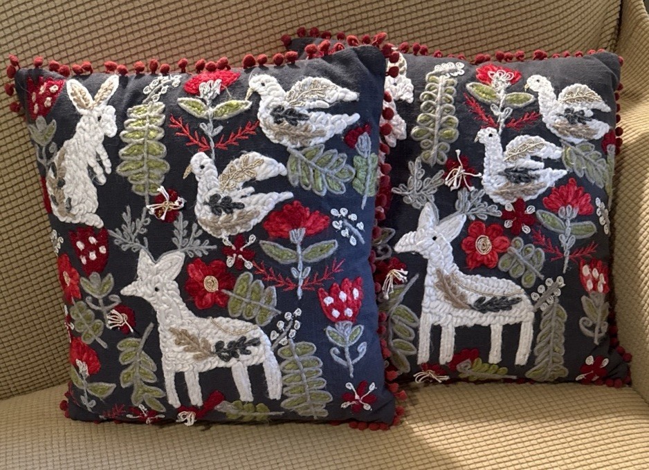 Pier 1 Holiday Set 2 Accent Throw Pillow 15x15 Christmas Wool Blend Embroidered